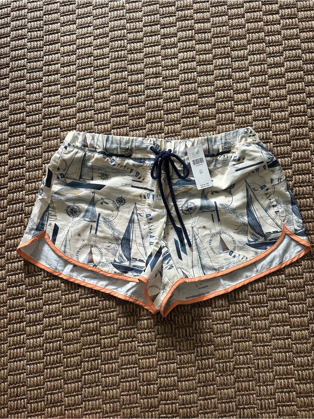 Anthropologie Nautical Sailboat Drawstring Shorts - Blue & Cream with Coral Trim